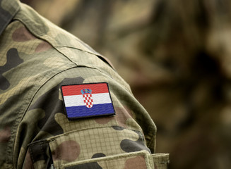 Flag of Croatia on military uniform. Army, troops, soldiers. Collage.