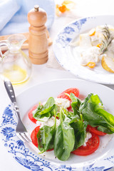 summer light lunch. Salad with spinach, cheese and tomato. Salad with pear and cheese. Salads are decorated on white plates