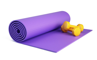 Yoga mat for fitness exercise and dumpbells isolated on white background. Fitness mat - 3d rendering.