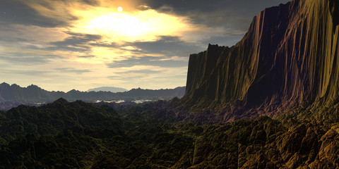 Alien Planet. Mountain and lake. 3D rendering