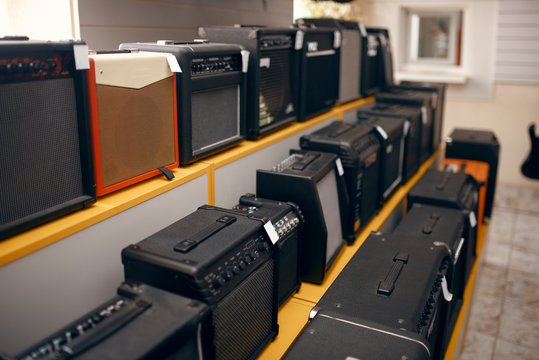 Sound Combo Amplifiers On Showcase In Music Store