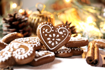 Christmas gingerbread cookies on white background