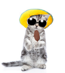 Tabby kitten wearing a summer hat and sunglasses holding ice cream. isolated on white background