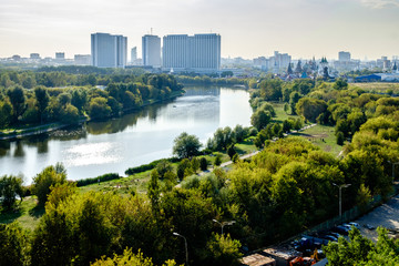 Moscow, Izmailovo, a top view of the Silver-Grape Pond and the Izmailovsky Ostrov recreation area