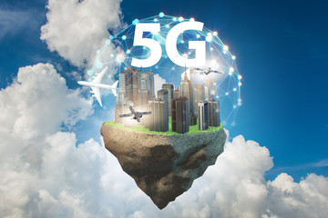 Concept of 5g technology with floating island