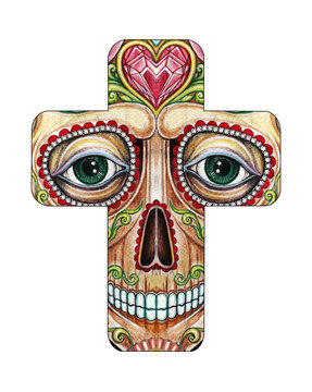 Art Skull Cross Day of the dead. Hand drawing and painting on paper.