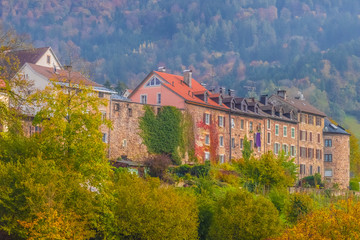 Fototapeta na wymiar The Deuring Castle (Deuringschlössle) and other traditional buildings in the Upper Town (Oberstadt) part of Bregenz, Austria