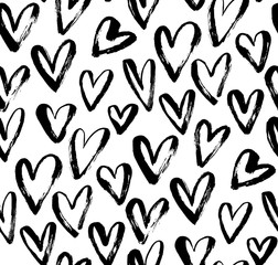 Abstract seamless heart pattern. Ink illustration. Black and white.