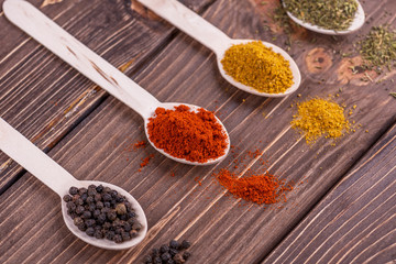 Set spices in measuring spoon. Cooking and seasoning for taste.