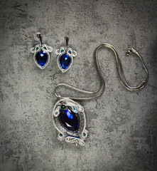 Luxurious and elegant soutache jewelry set, on silver and sapphire colour. Hand sewned jewels on...