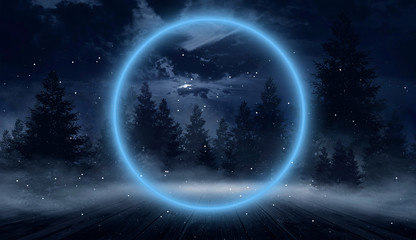 Dark forest. Gloomy dark scene with trees, big moon, moonlight. Smoke, shadow. Abstract dark, cold street background. Night view. Night wooden table. 3D illustration