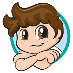 Illustration boy with tuft and freckles, leaning over smiling. Child with brown hair and happy eyes expression. Ideal for institutional and promotional matters