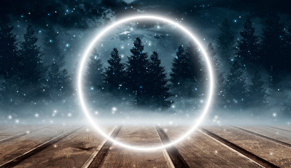 Dark forest. Gloomy dark scene with trees, big moon, moonlight. Smoke, shadow. Abstract dark, cold street background. Night view. Night wooden table. 3D illustration