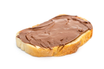 Bread with chocolate butter on white.