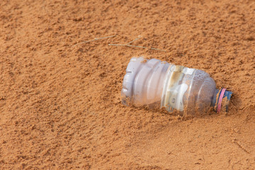 Plastic pollution in the desert sand. Need for awareness of enviornmental protection, recycling,...