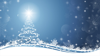 Christmas tree on Blue and White background. Sparkling Christmas tree as symbol of Happy New Year and Merry Christmas holiday celebration with copy space. Bright shiny design Vector