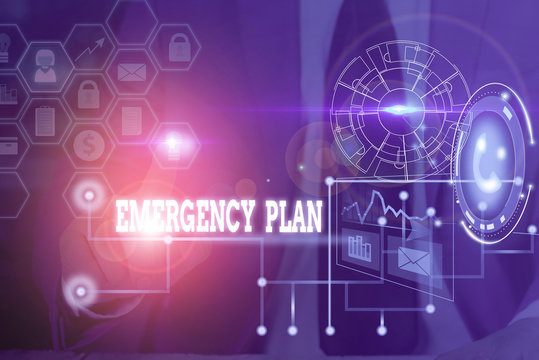 Conceptual hand writing showing Emergency Plan. Concept meaning procedures for handling sudden or unexpected situations Picture photo network scheme with modern smart device