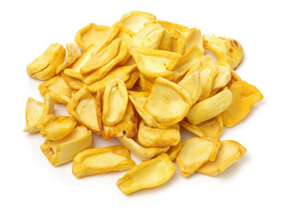 Close up of a pile of dried jackfruit chips isolated on white background