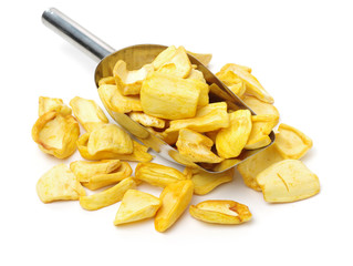 Close up of a pile of dried jackfruit chips isolated on white background