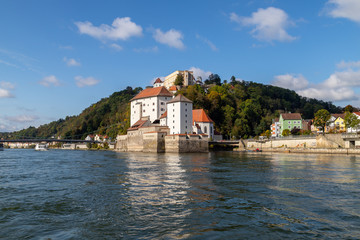 Fototapeta na wymiar Danube river an entry of river Ilz in Passau, Bavaria, Germany in autumn