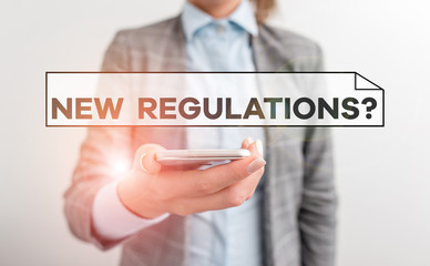 Handwriting text New Regulations Question. Conceptual photo rules made government order control way something is done Business concept with mobile phone and business woman
