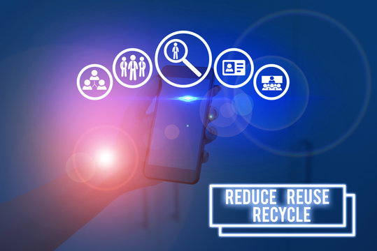 Text sign showing Reduce Reuse Recycle. Business photo showcasing ways can eliminate waste protect your environment