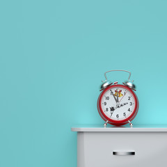 It's christmas time. Alarm clock standing on a bedside table,  light green background. 3D rendering