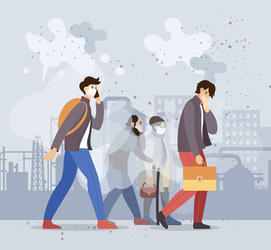 Group people choking on dust wearing protective face masks gas walking along dusty polluted street on the background of smoking pipes of factories, industry smoke, smog. Pollution environmental vector
