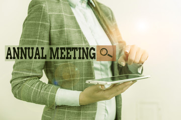 Text sign showing Annual Meeting. Business photo showcasing yearly meeting of the general...