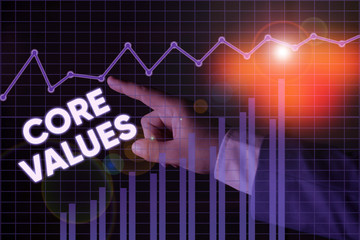Writing note showing Core Values. Business concept for the fundamental beliefs or principle of a...
