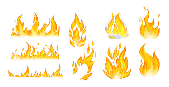 Realistic fire flames set. Flames red and orange hot flaming heat explosion cartoon, hot flame energy, fire animation vector illustration