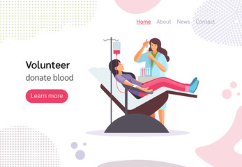 Volunteer people doing charity activities, donate blood. Nurse with donor sitting in medical chair and donating blood. Concept donation, world blood donor day cartoon vector illustration