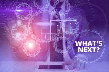 Naklejka premium Handwriting text What S Next Question. Conceptual photo asking demonstrating about his coming actions or behaviors Picture photo system network scheme modern technology smart device