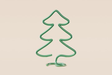 Stylish Christmas tree made of metal wire. Concept illustration pine on a light beige background, greeting card, congratulation, invitation. 3D rendering