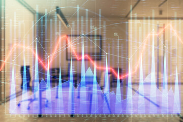 Business theme graph hologram with minimalistic cabinet interior background. Double exposure. Stock market concept.