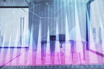 Forex chart hologram with minimalistic cabinet interior background. Double exposure. Stock market concept.