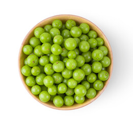 Indian gooseberry in wood bowl isolated on white background. top view