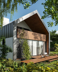 Modern residential home for family, home on nature, sunny day, architecture, 3D render 