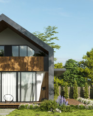 Modern residential home for family, home on nature, sunny day, architecture, 3D render 