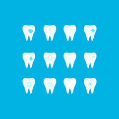 Set of tooth icons. Vector collection of the dentist, clean, protect, treat, oral. Cartoon tooth isolated on blue background.