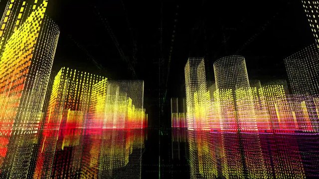 Abstract matrix geometric motion background. Animation. Rain of binary numbers falling down among cubes of symbols on black background, seamless loop.