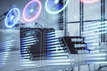 Business theme concept hologram with desktop office background. Double exposure.