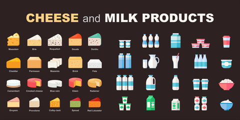 Set of milk products and cheese in flat vector style
