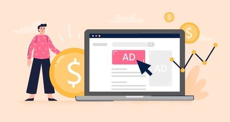 Pay Per Click or Display advertising concept. Web developer set advertising to gain more money to the business. Flat vector illustration. Good for banners, ads, landing pages or articles. - obrazy, fototapety, plakaty