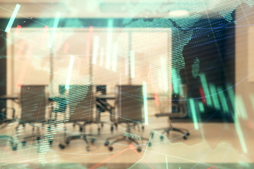 Double exposure of stock market graph with globe hologram on conference room background. Concept of international finance