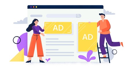 Online advertising. People set display advertisements and banners to the webpage. Flat vector illustration.
