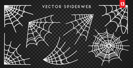 Cobweb set for Halloween design, isolated on dark transparency background. Vector illustration