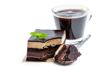 Chocolate and coffee cake slices isolated on white