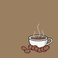 Hot coffee (espresso, cappuccino, latte and mocha) in white cup with smoke and coffee beans on brown background with copy space. Illustrator design.