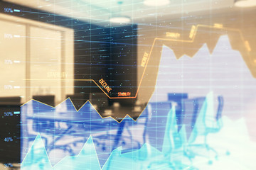 Double exposure of forex chart on conference room background. Concept of stock market analysis